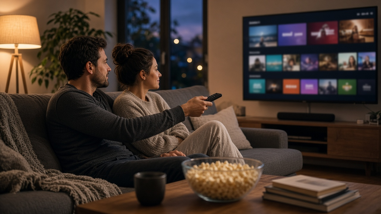 Couple on a living room sofa holding a remote while browsing rows of blurred streaming tiles on a large TV in the evening
