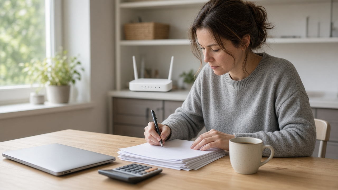 A person at a kitchen table reviewing household bills with a pen and calculator, with a home WiFi router on a shelf behind them