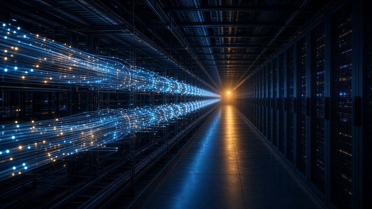 Fiber optic cables glowing with points of light in a dark data center aisle leading toward a distant warm glow, no people, no readable text or logos