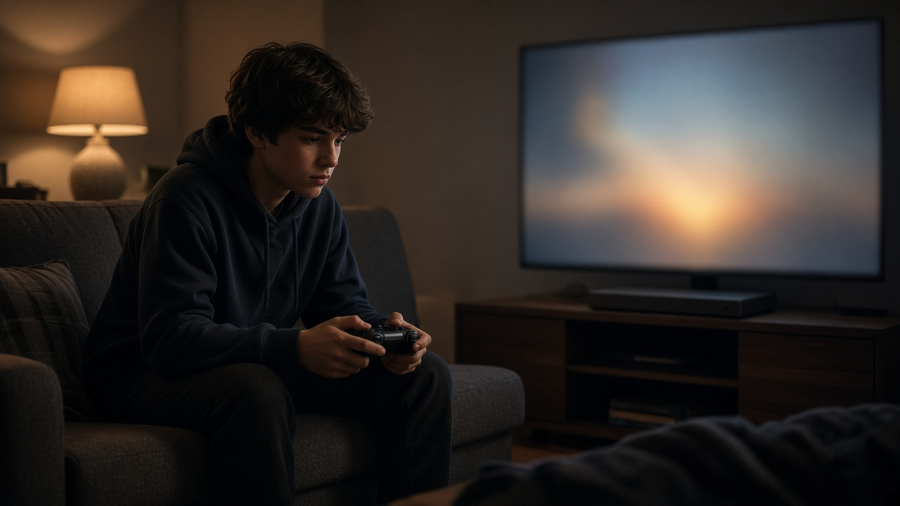 Teenager on a couch holding a game controller in a dim living room, a TV with a blurred colorful screen and a console on the stand