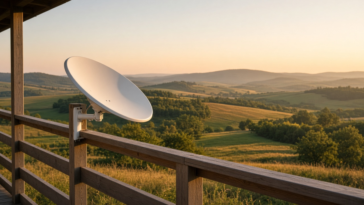 Satellite internet equipment beside a home at dusk