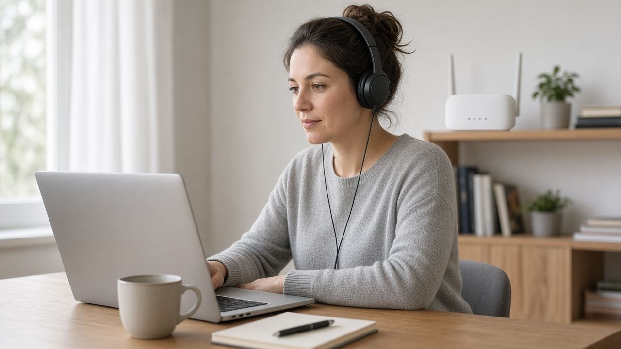 A person on a video call at a home desk with a laptop and headset, daylight through a window, soft focus router on a shelf