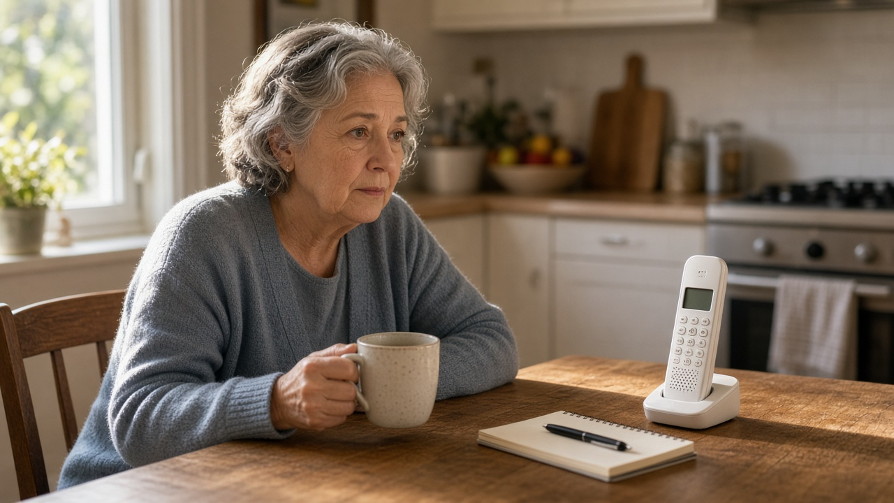 Older adult at a kitchen table glancing at a ringing cordless home phone with a skeptical expression, afternoon light
