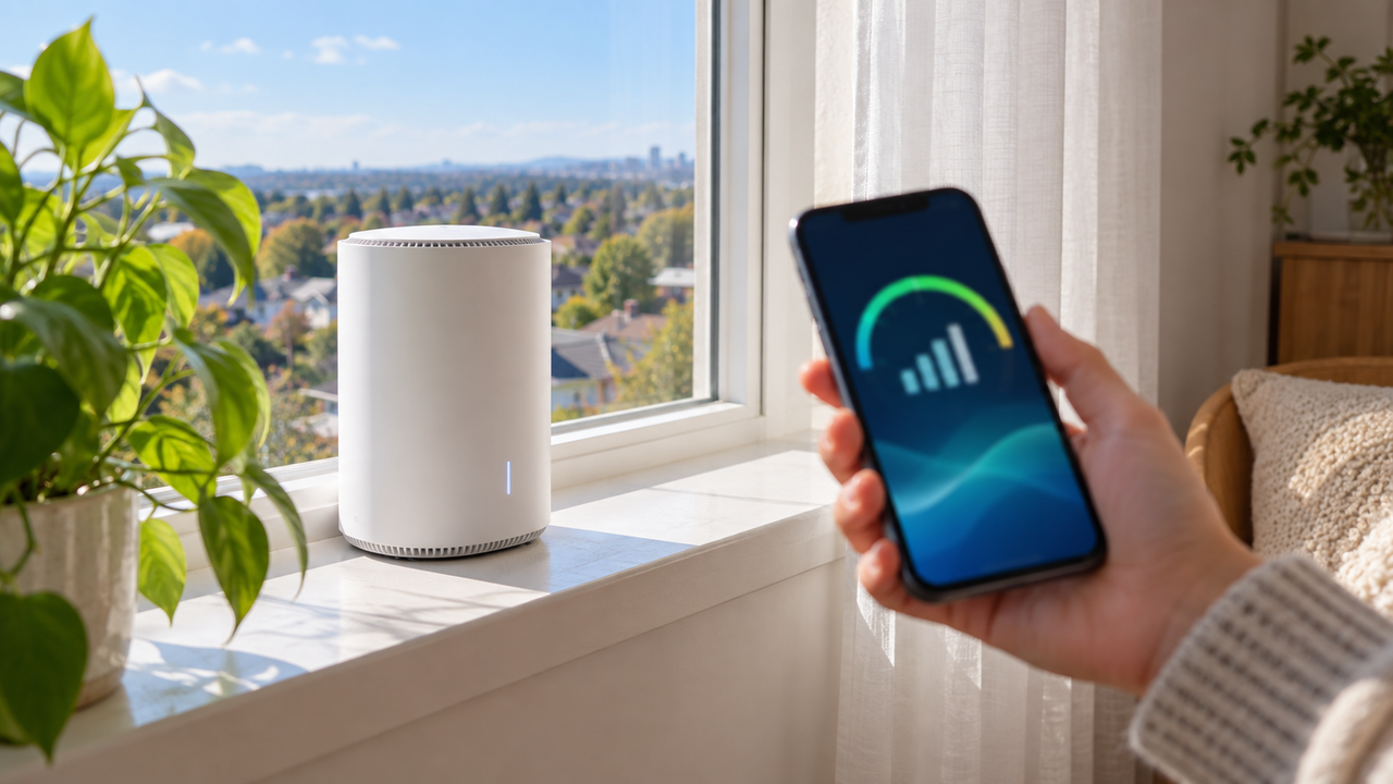 White 5G home internet gateway on a high windowsill with sunlight and a phone showing a blurred signal meter