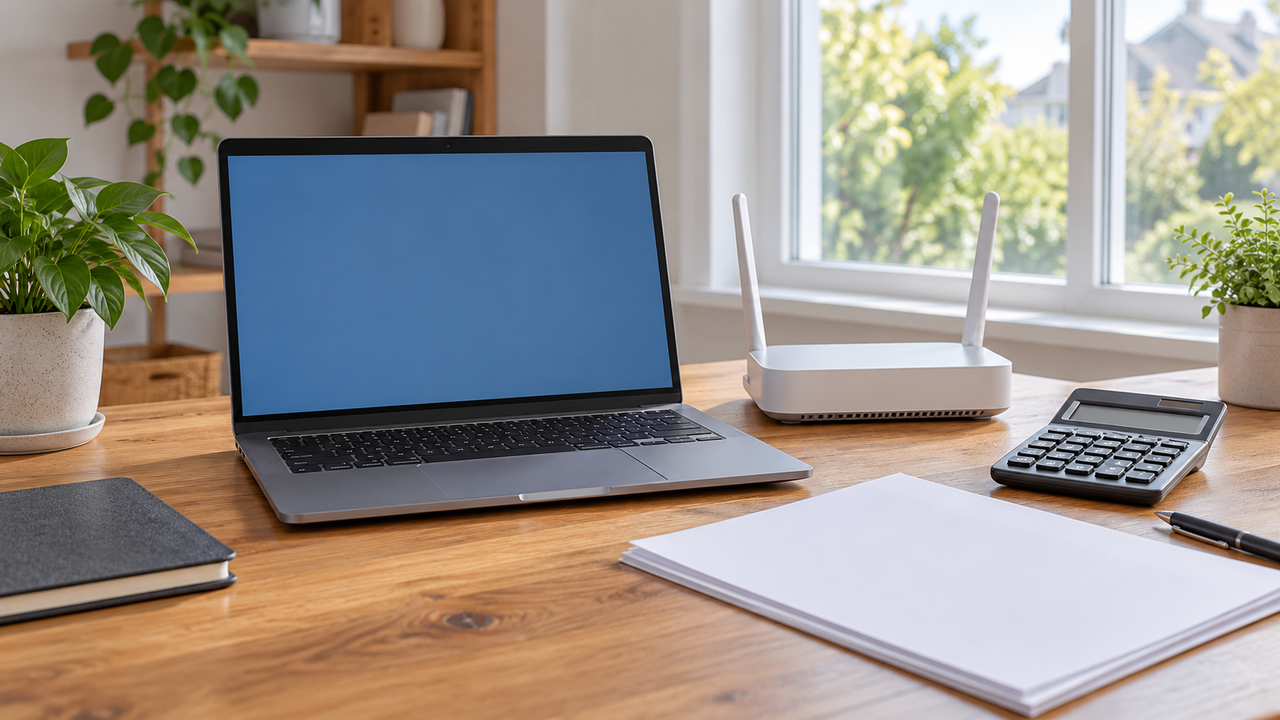 Laptop, calculator, router and blank paperwork on an unattended desk