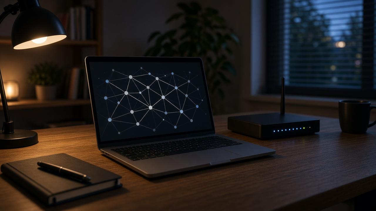 A person at a home office desk at night with a laptop beside a small home router with blinking status lights connected by an Ethernet cable