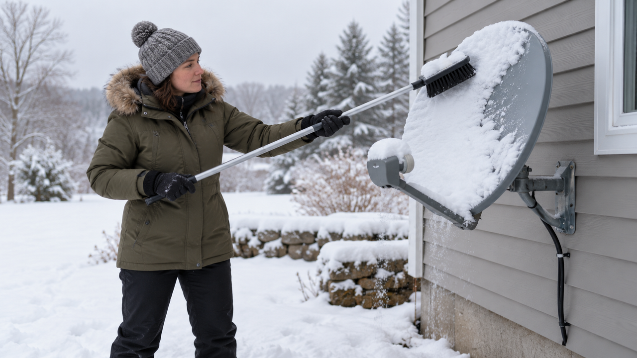 Person using a long soft-bristle brush to sweep light snow off a satellite dish mounted on a house wall in winter
