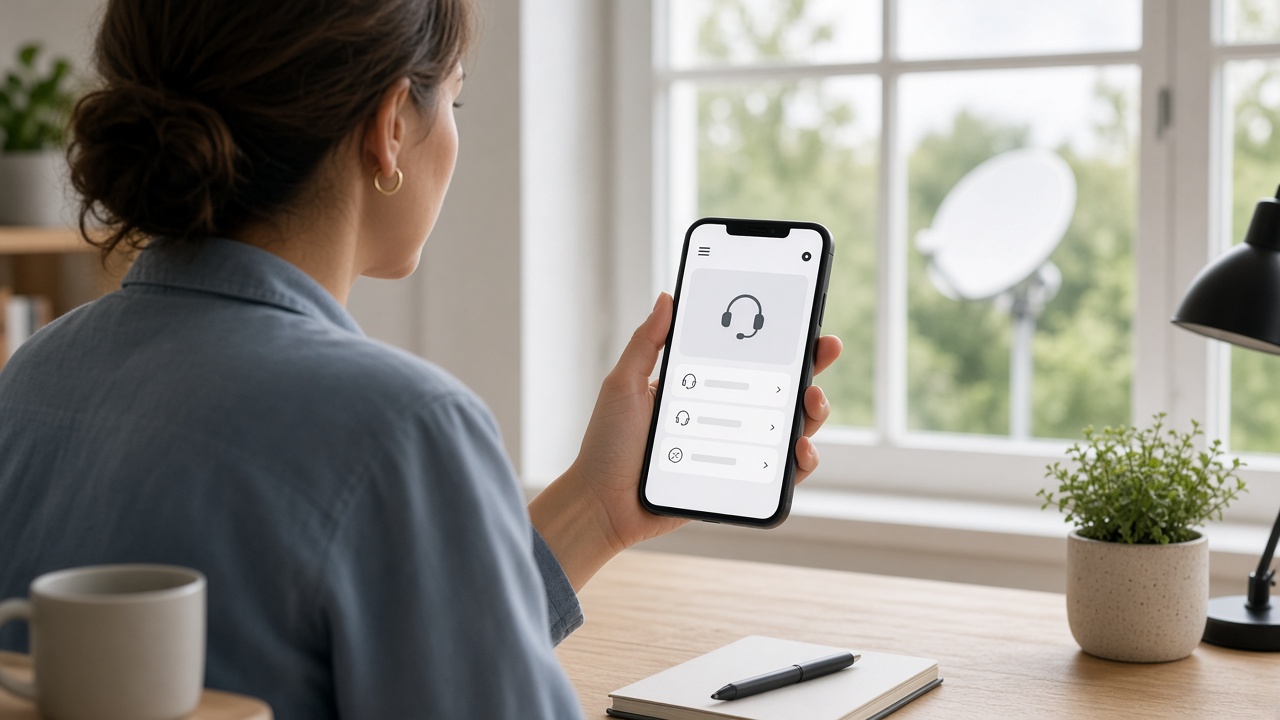 Person using a phone support app with a satellite dish outside the window