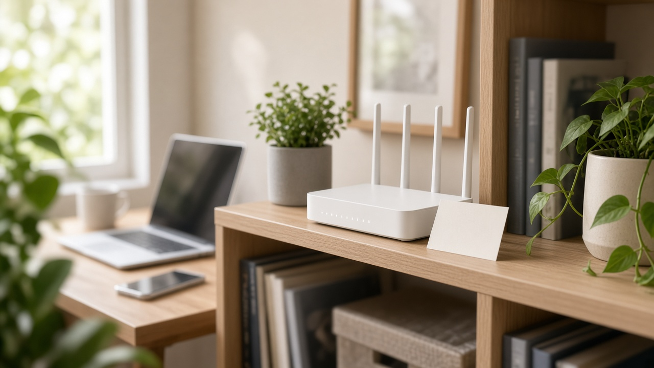 White home Wi-Fi router on a bookshelf with a blank label sticker visible on its side, a phone and a laptop nearby, soft daylight, no logos