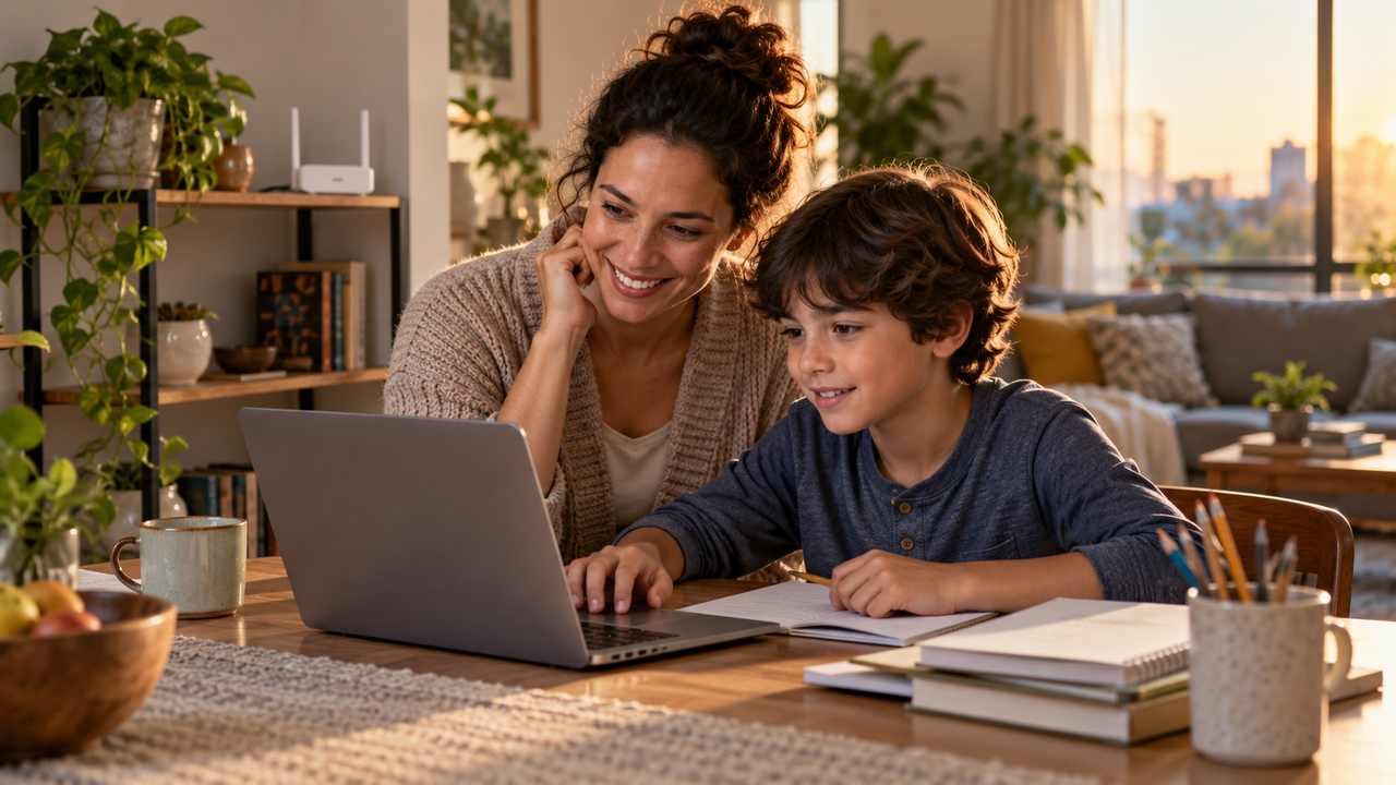Parent and child doing homework together on a laptop at a small apartment dining table with a Wi-Fi router nearby