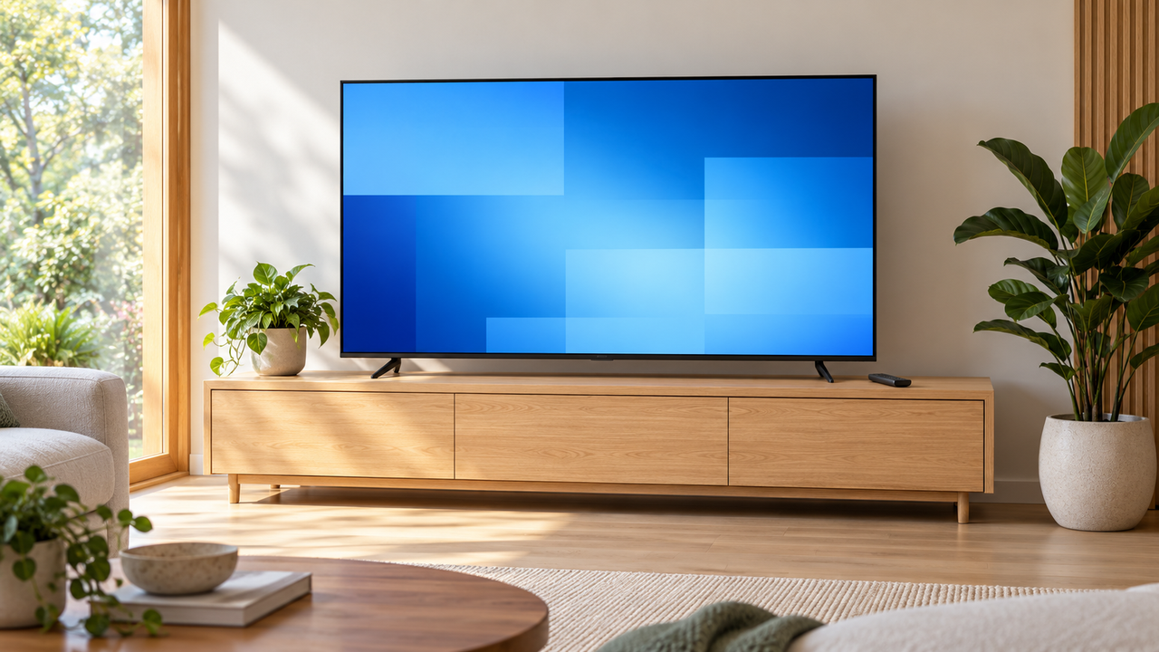 Unbranded television and remote in an empty living room