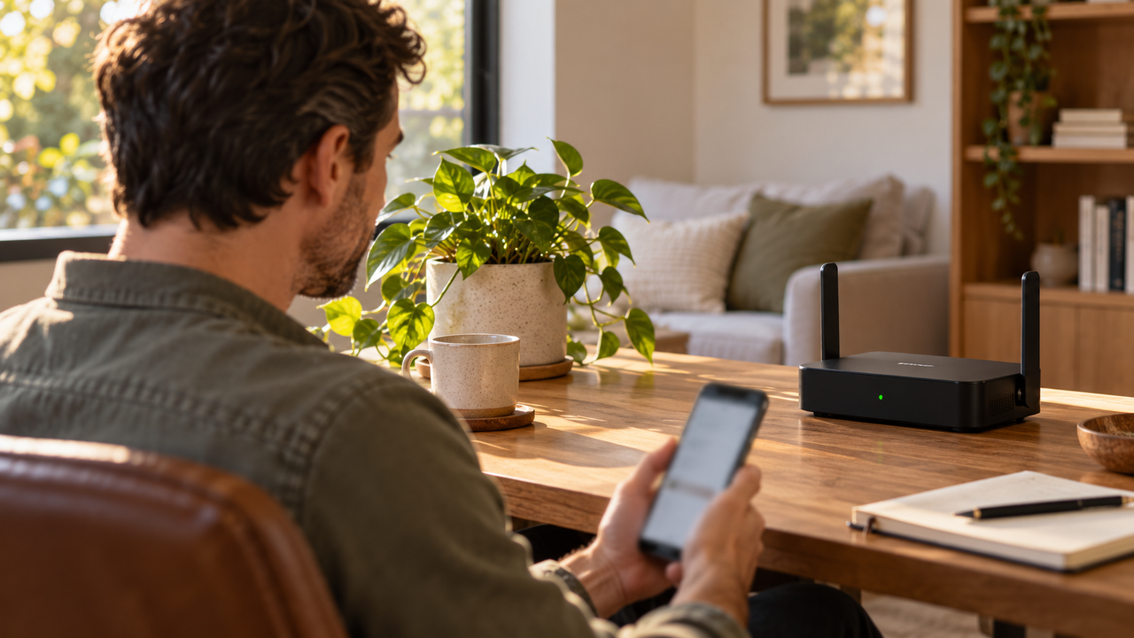 Person checking a smartphone next to a home Wi-Fi gateway with a solid green status light on a desk