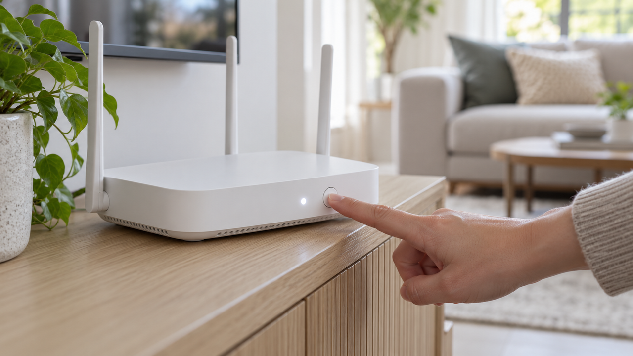 Finger pressing the front button on a white home router with a steady white status light in a modern living room