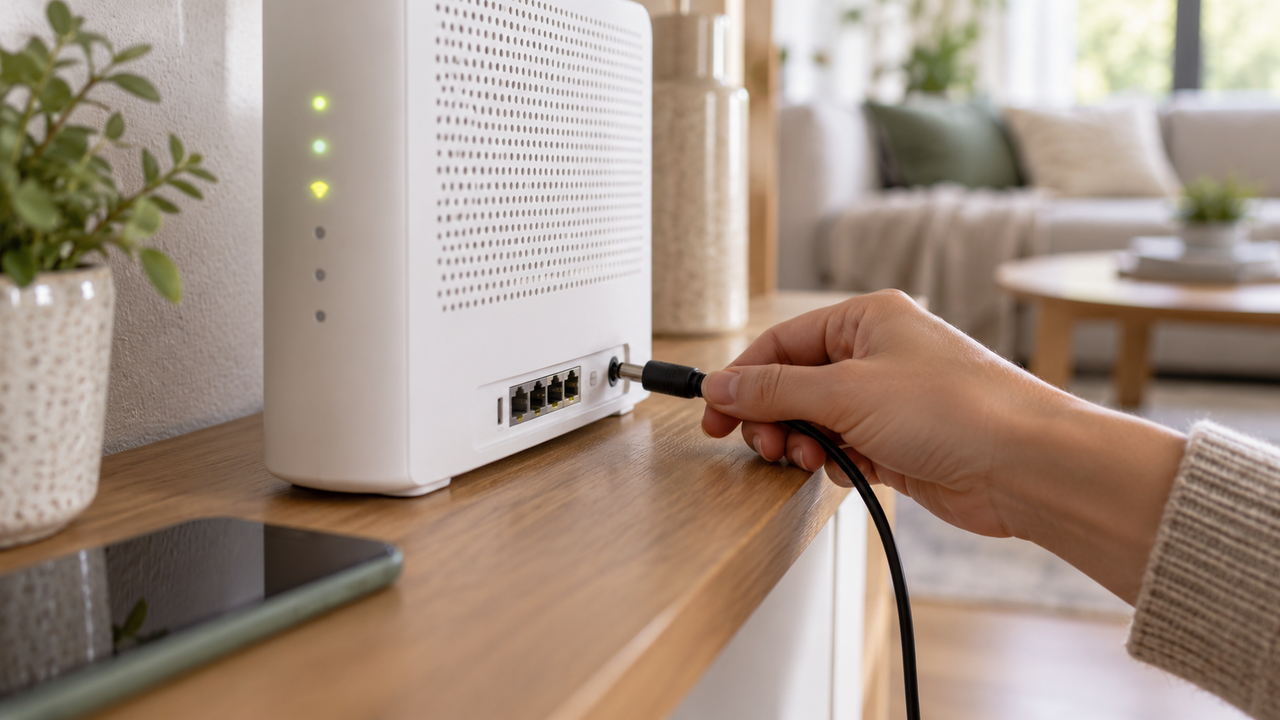 Hand unplugging the power cable from the back of a white home Wi-Fi gateway on a shelf