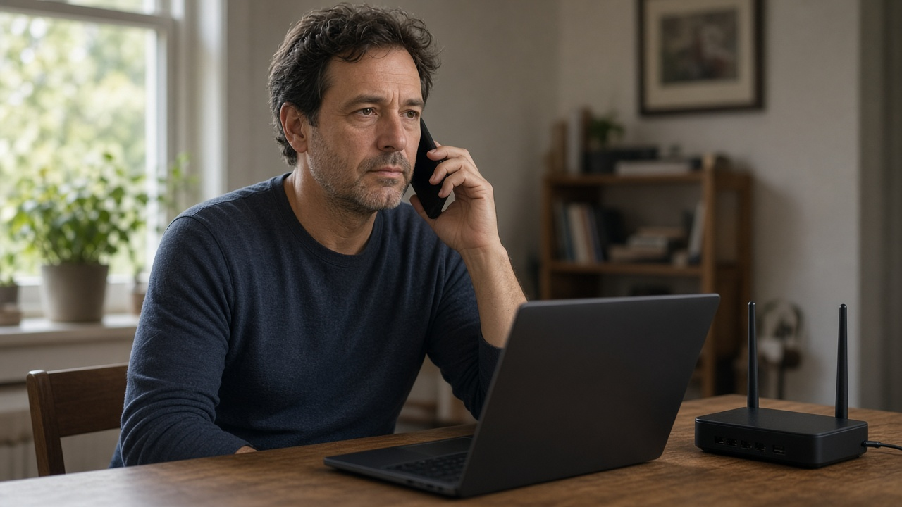 Frustrated man on a phone call at a home desk next to a laptop and a router, afternoon window light, no logos or readable text