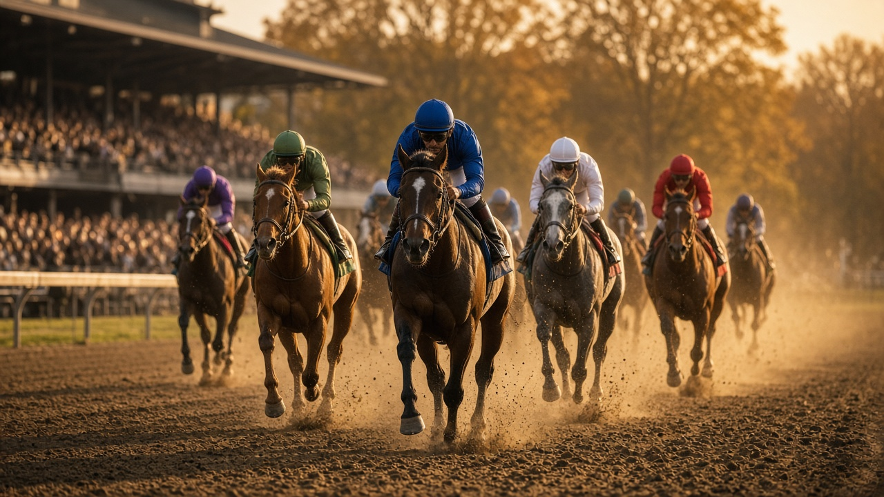 Thoroughbred horses racing down a dirt track toward the camera in autumn afternoon light, crowd blurred behind, no logos