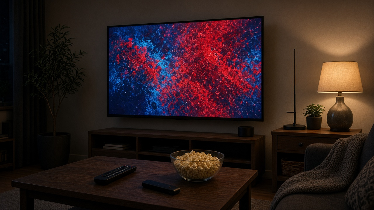 Living room at night with a TV glowing with a red and blue pattern, a remote and popcorn on the coffee table
