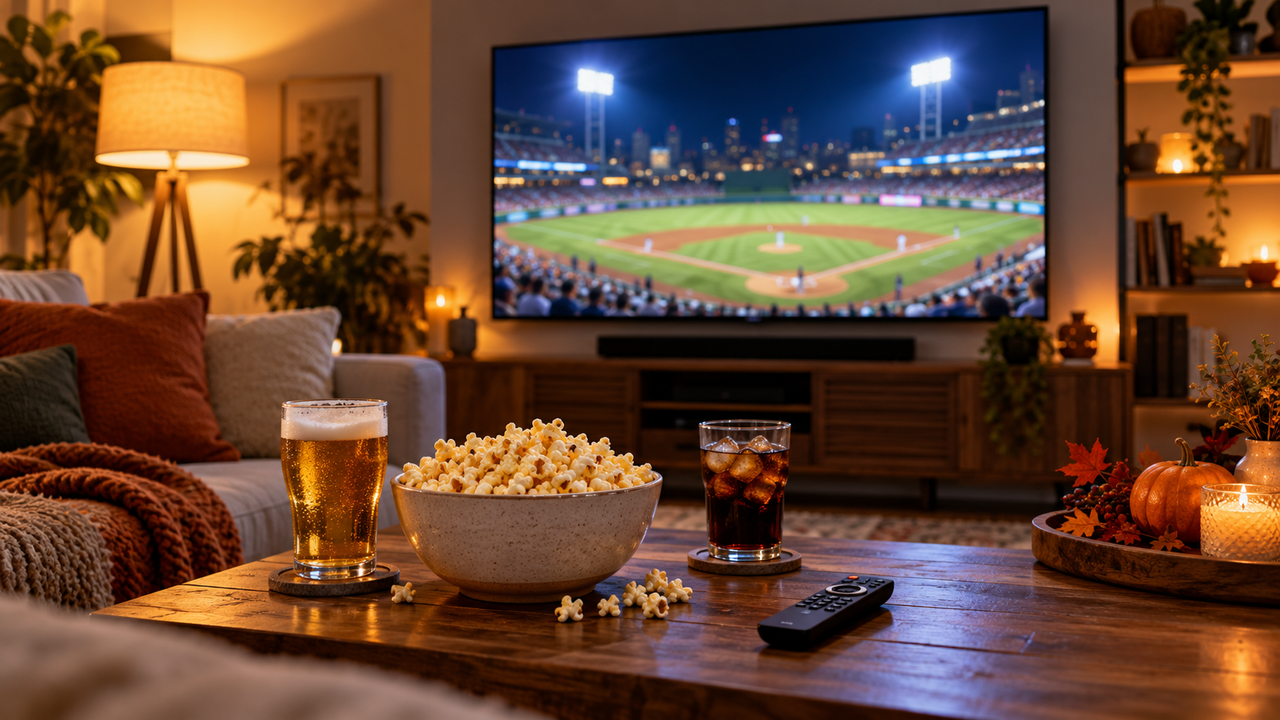 Living room TV showing a blurred night baseball game with snacks on a coffee table and a streaming remote