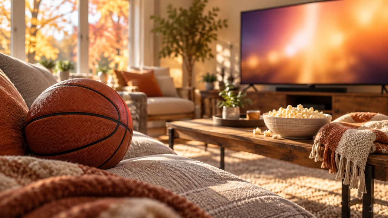 Basketball resting on a living room couch facing a softly glowing TV on a weekend afternoon