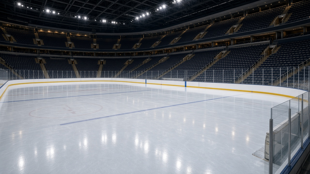 Indoor hockey arena with bright lights and an empty rink before a big game, crowd seats in the background, no logos or readable text