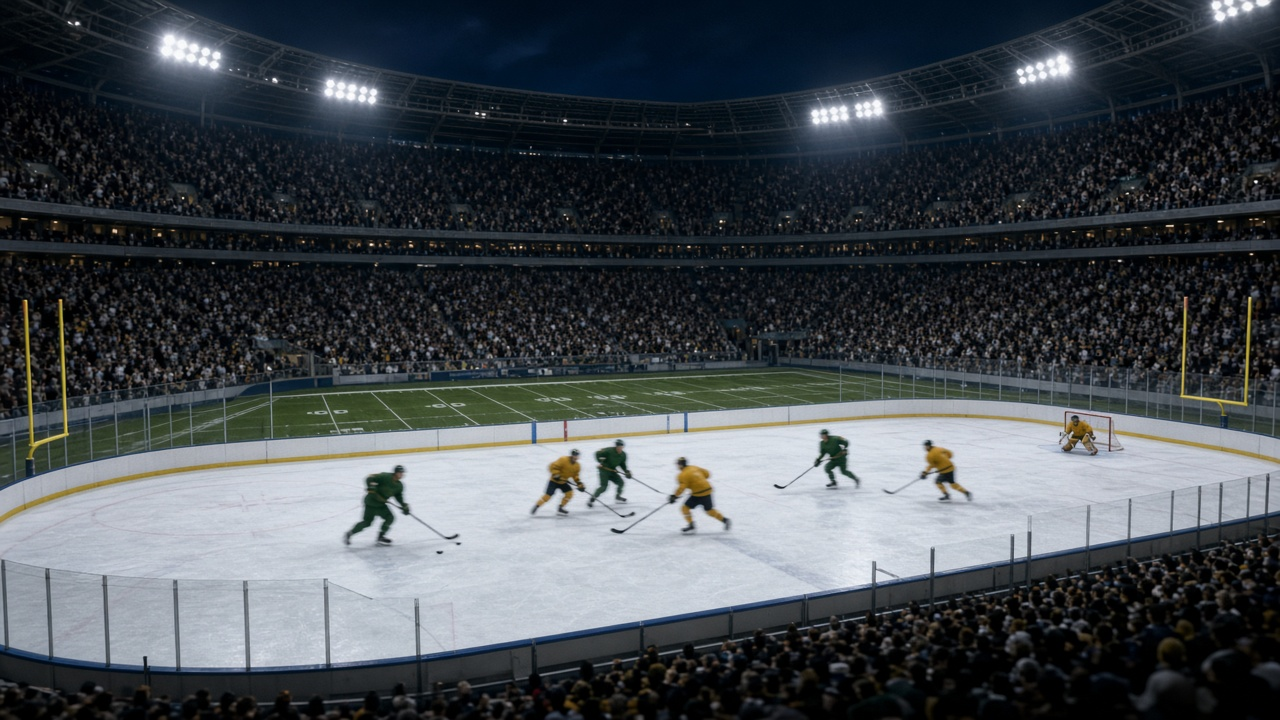 Hockey game on an outdoor-style rink set up inside a large football stadium at night under bright floodlights, players in plain green and gold jerseys, no logos