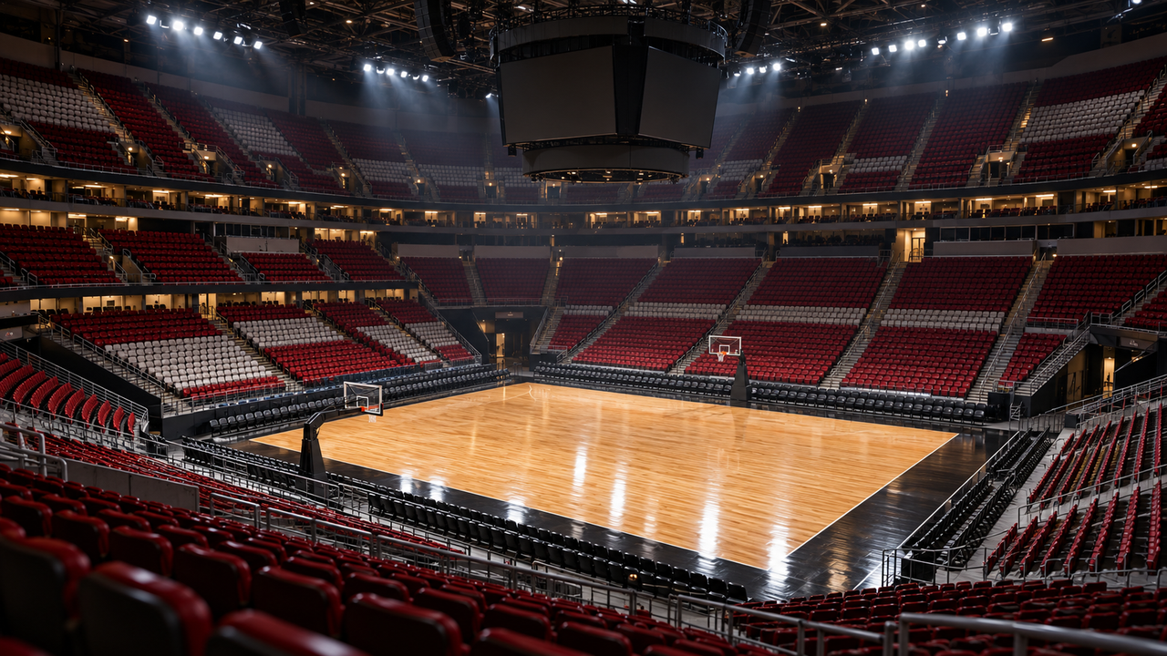 Empty basketball arena lit for game night, viewed from the upper seats