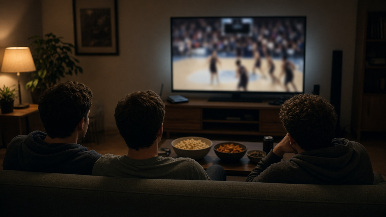 Friends on a couch in a dim living room watching a blurred basketball game on a large TV, with an indoor antenna on the media console