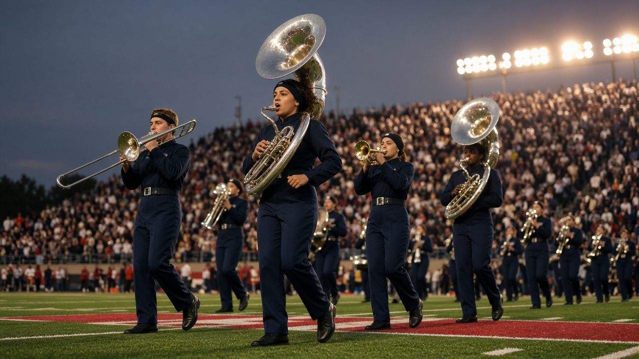 Marching band and fans in a packed college football stadium at dusk, softly blurred, warm light, no logos or readable text