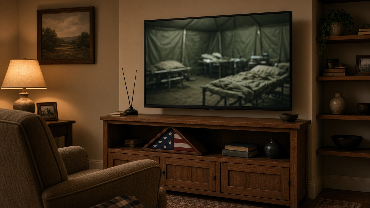 Warm living room with a TV showing a blurred army field-hospital tent scene, a folded flag display and an indoor antenna