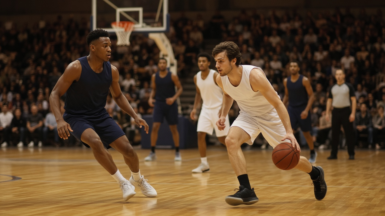 Small minor league basketball arena with players mid-game, warm arena lights, crowd softly blurred, no logos or readable text