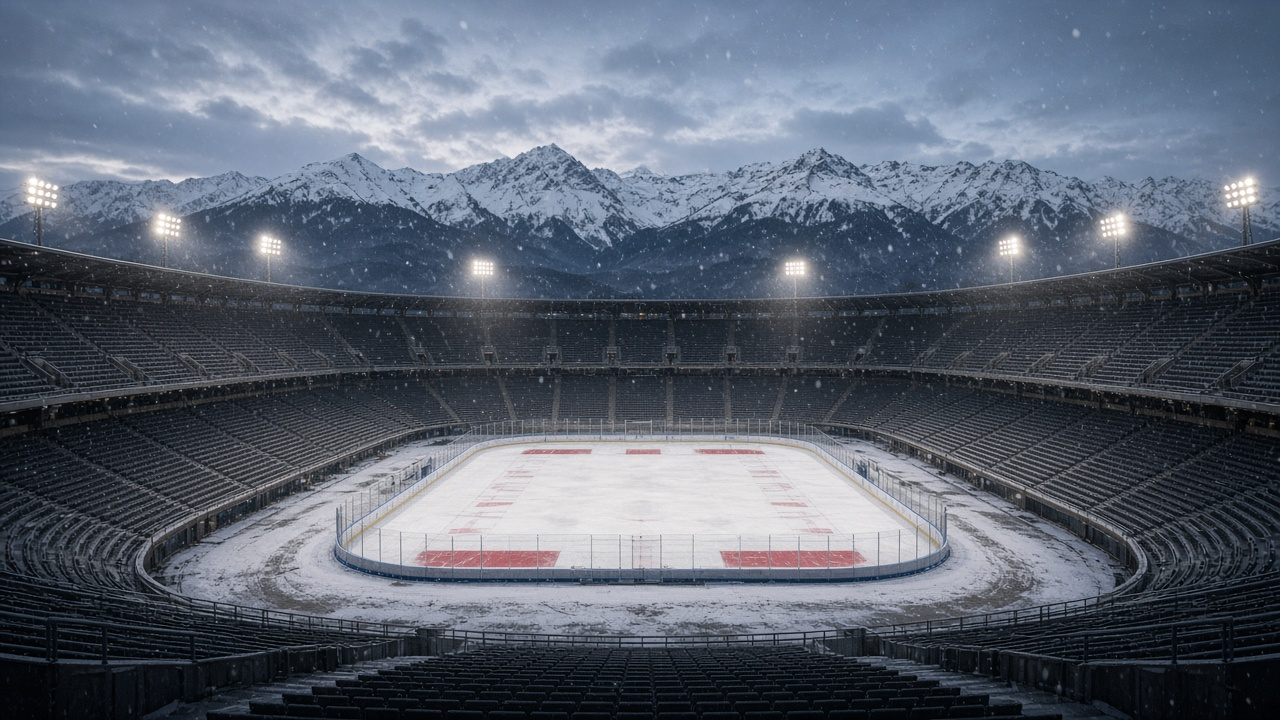 Outdoor hockey rink set up inside a snowy football stadium at dusk with mountains behind, no logos or readable text