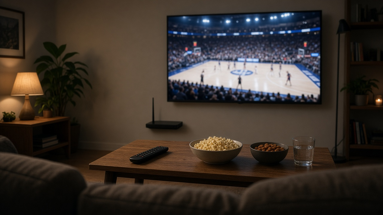 Living room at night with a large TV showing a blurred indoor basketball game, a small indoor antenna by the TV and a streaming remote on the coffee table