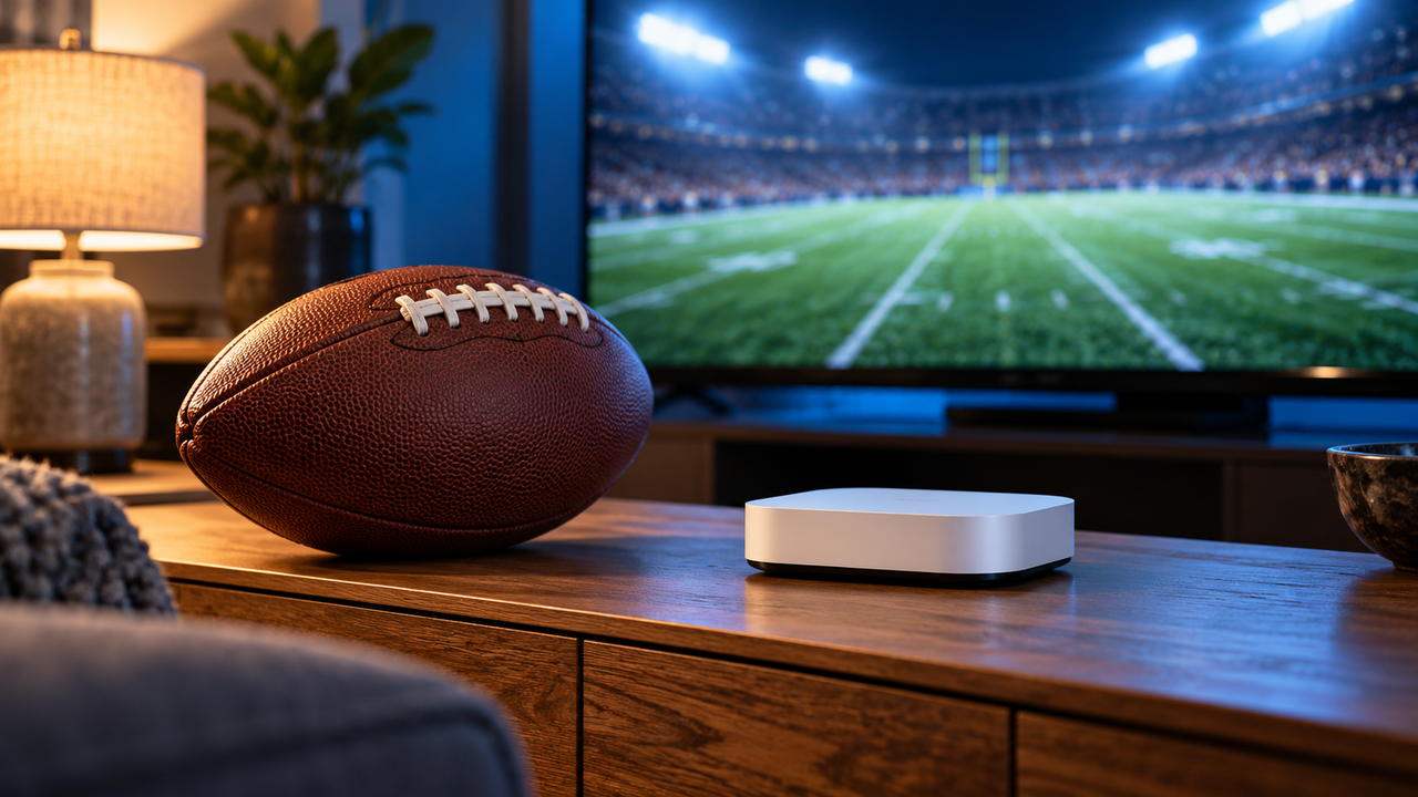 A plain brown football and a white streaming device on a console in front of a softly blurred stadium field on television