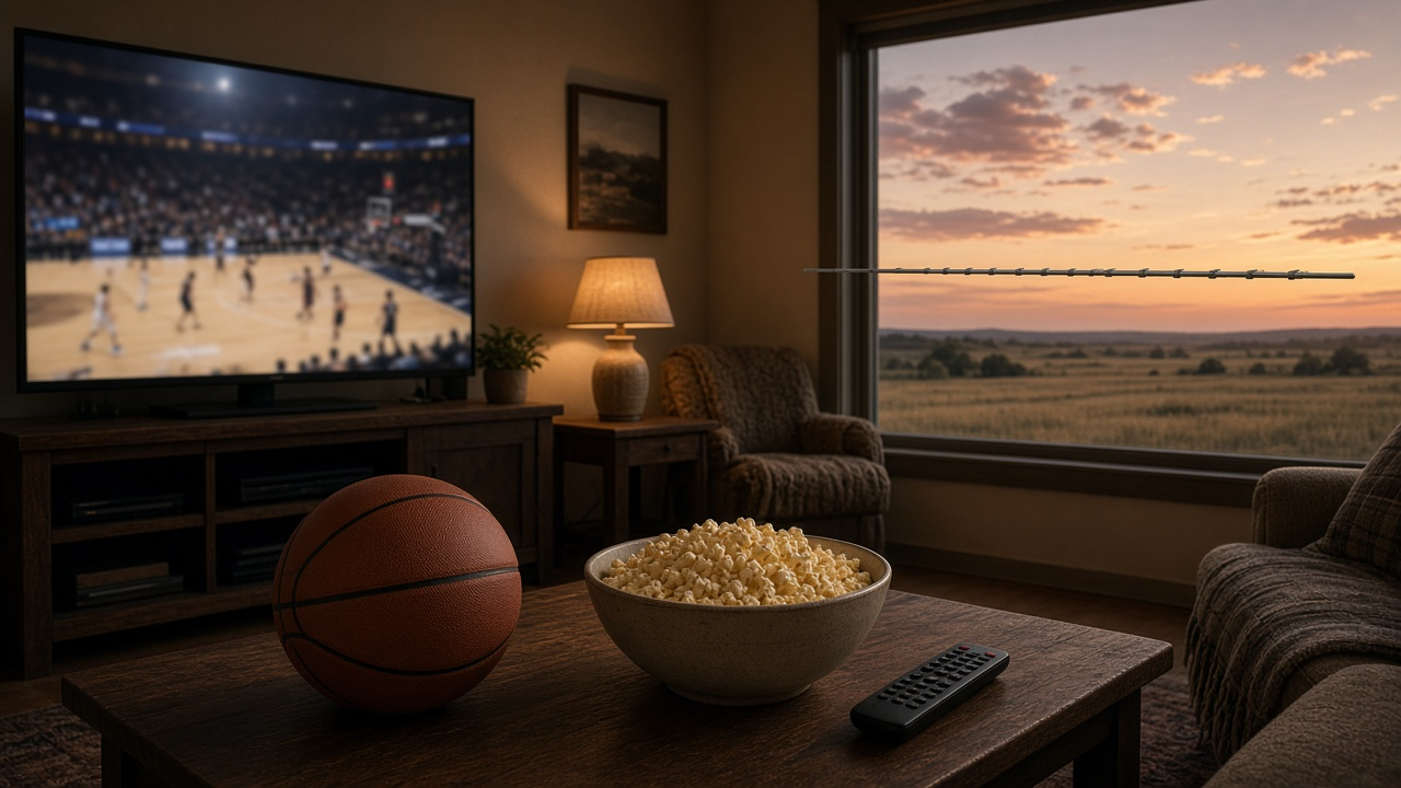 Living room TV showing an indoor basketball arena tip-off with blue court lights, a flat antenna on the wall and a remote on the couch, no team logos