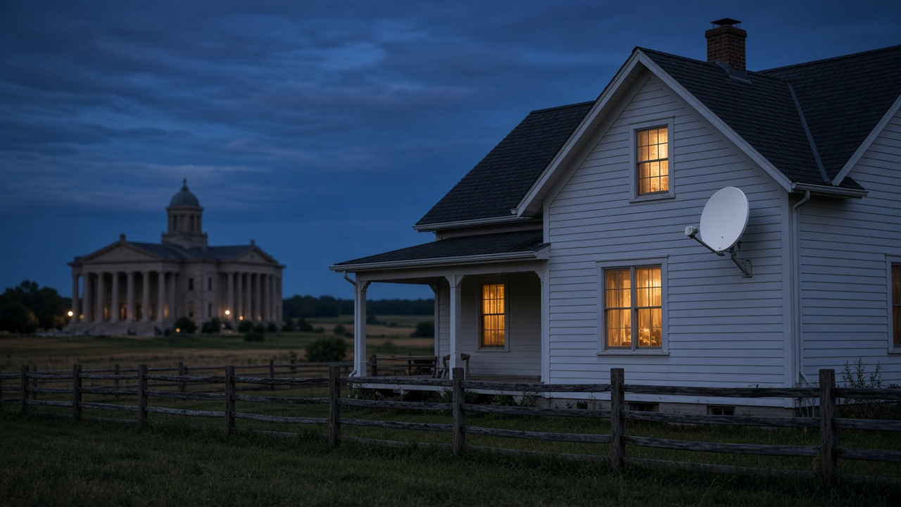 Rural farmhouse at dusk with a satellite dish on the wall and a columned courthouse in the distance