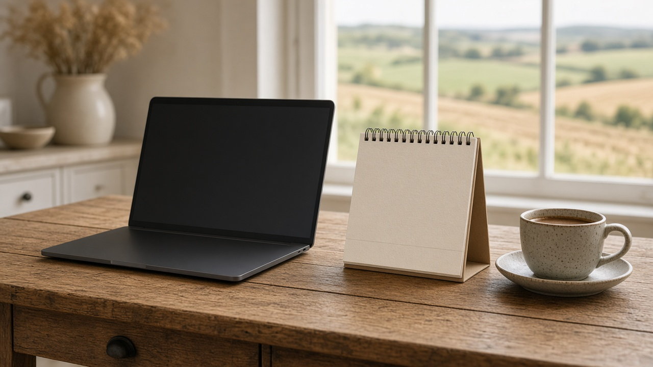 Laptop on a farmhouse kitchen table beside a desk calendar and a cup of coffee in morning light, screen blank, no people or logos
