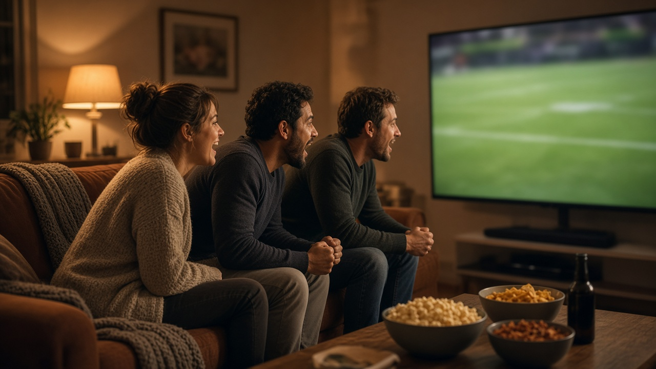 Friends on a living room couch cheering while watching a live football game on a large TV on a fall evening