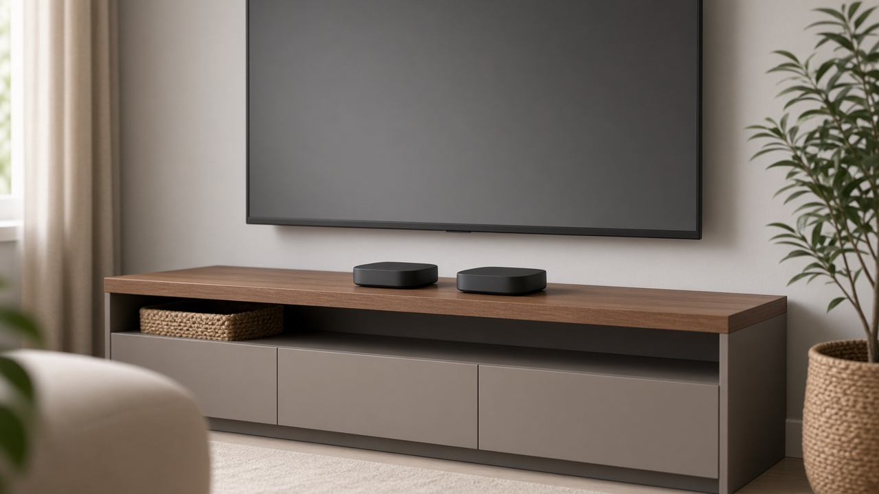 Two streaming devices on a TV stand beneath a blank television in a modern living room