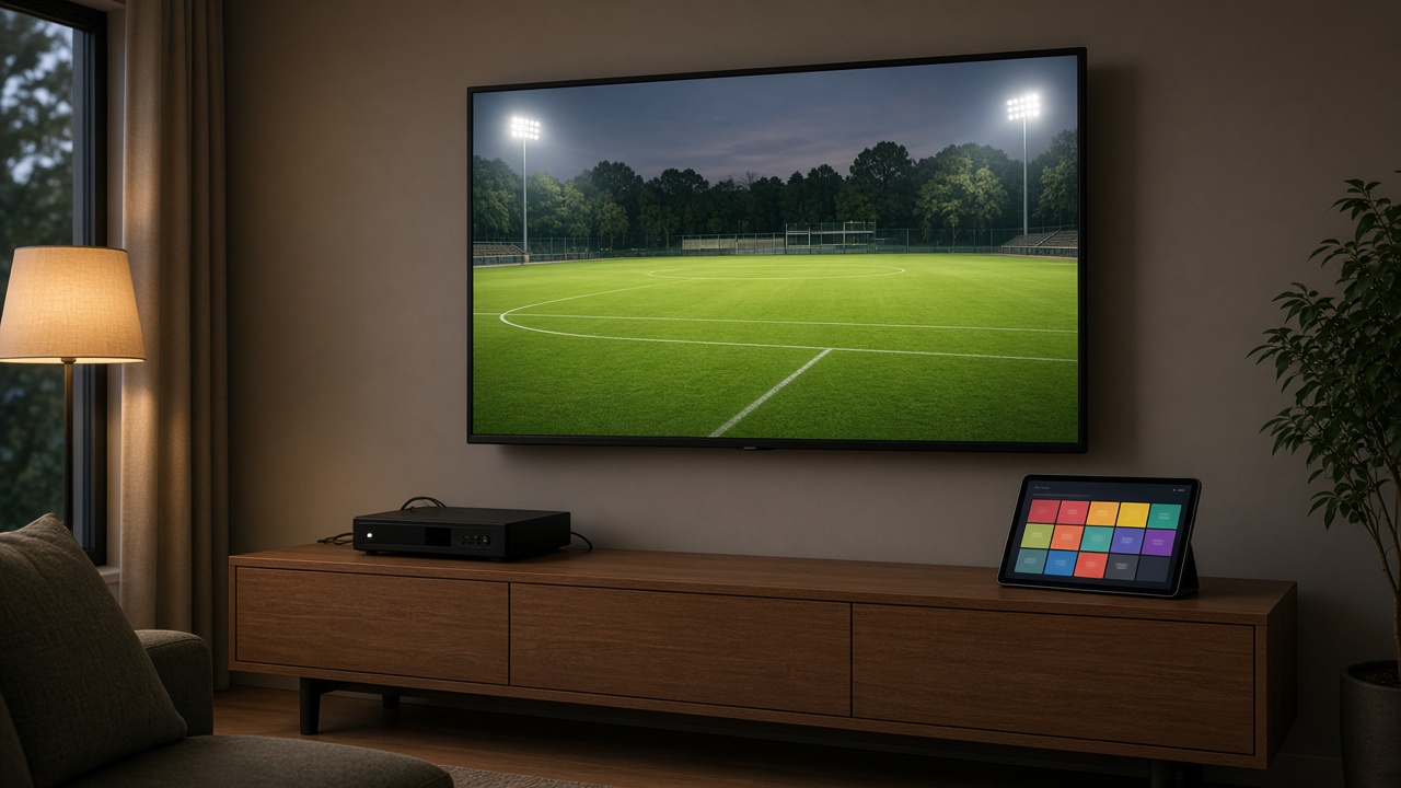 Living room TV showing a blurred football game above a media console with a cable box on one side and a tablet with streaming tiles on the other