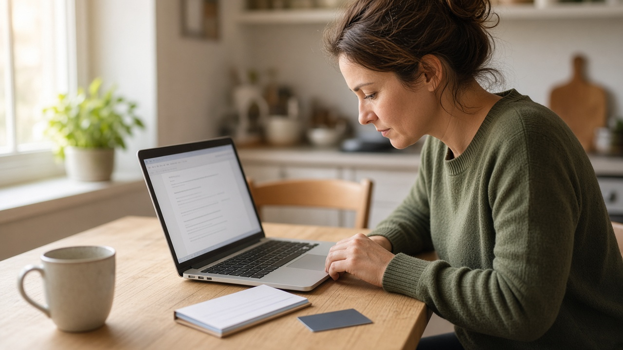 A person at a kitchen table reviewing a monthly internet bill on a laptop beside a debit card and a paper checkbook, soft morning light