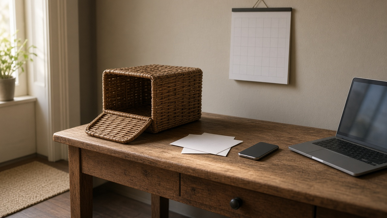 Kitchen table with an empty mailbox key, a phone showing a blank screen, a laptop and a cup of coffee in morning light, no logos or text
