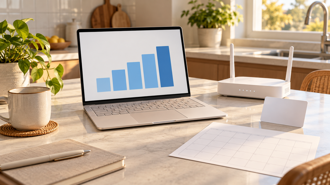 A laptop displaying abstract blue bars beside a white router, blank gift card and calendar sheet on a sunlit table