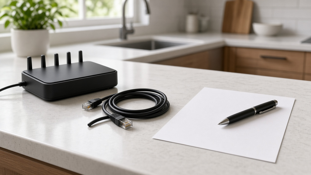 A home router, network cable, blank paper and pen on a kitchen counter in daylight