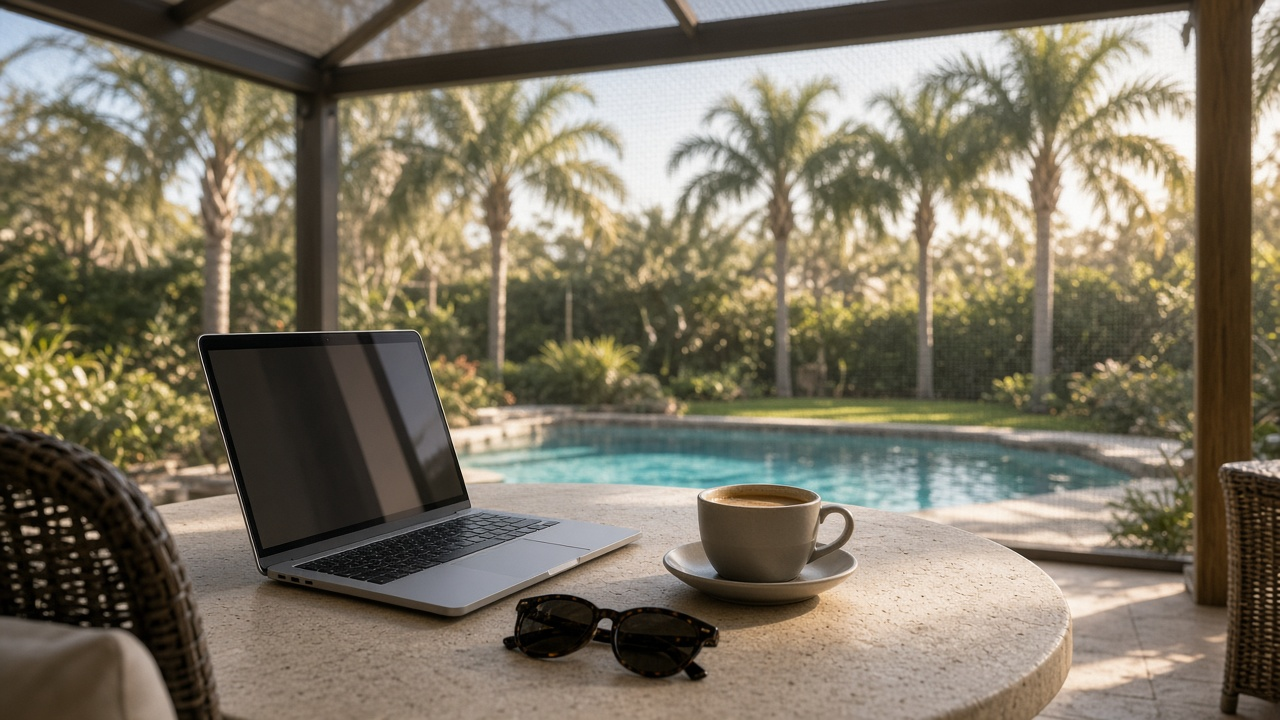 Laptop and coffee cup on a patio table in a screened Florida lanai with palm trees and a pool in the background, no logos or readable screens