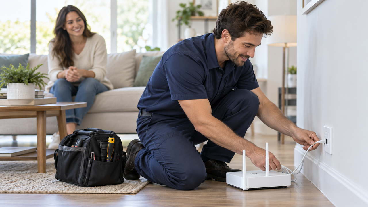 Internet technician kneeling beside a wall outlet in a living room, connecting a cable to a white Wi-Fi router