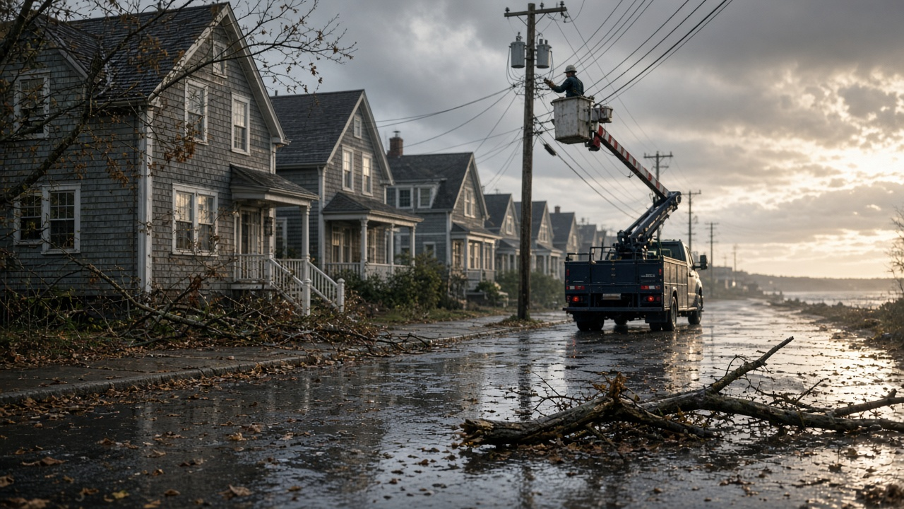 Coastal New England neighborhood after a storm with wet streets, fallen branches and a utility crew working on overhead lines under clearing skies