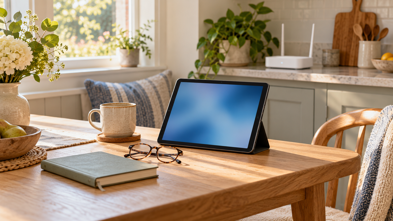 A tablet with a blue screen, reading glasses and a notebook on a sunny kitchen table, with a white router on the counter
