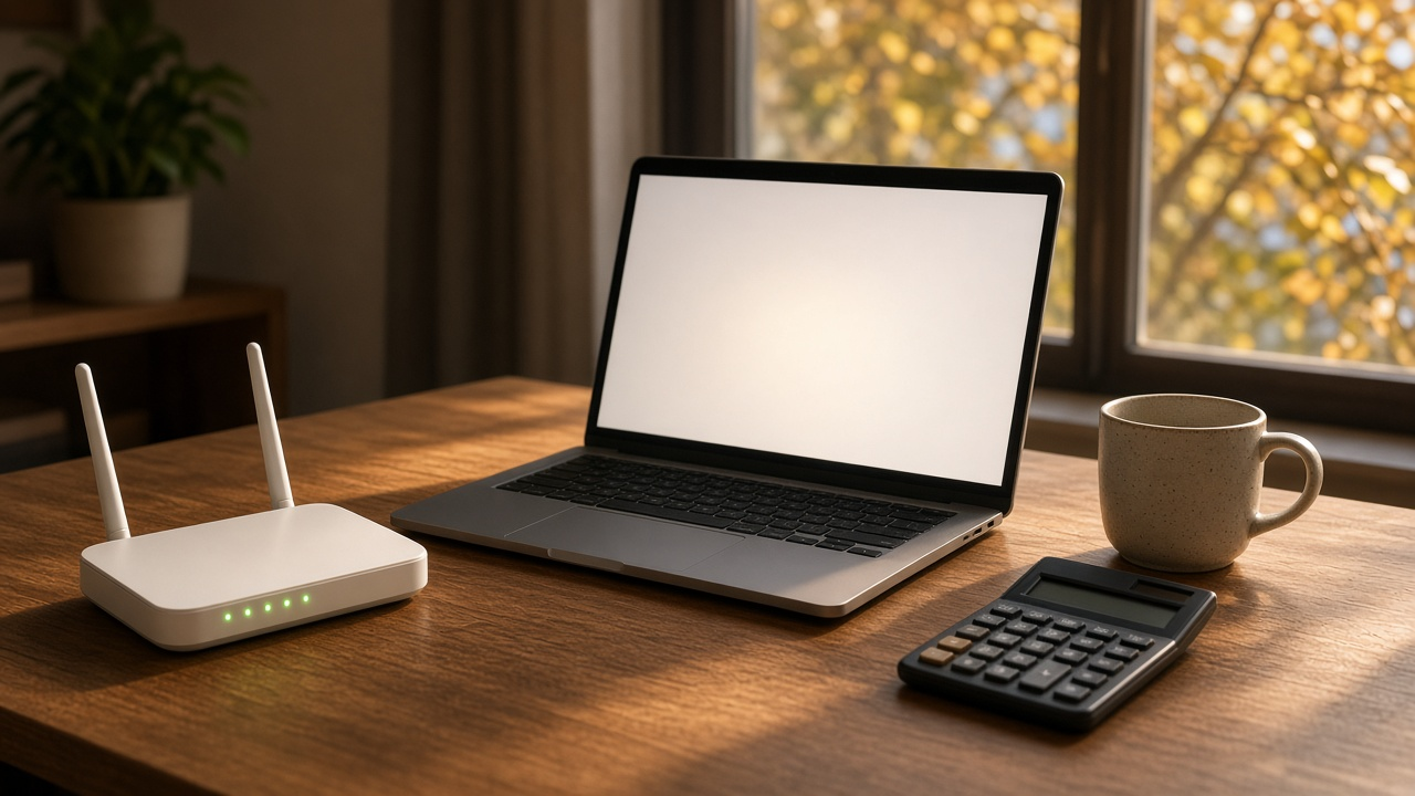 Wi-Fi router, laptop, calculator and coffee mug on a desk by an autumn window