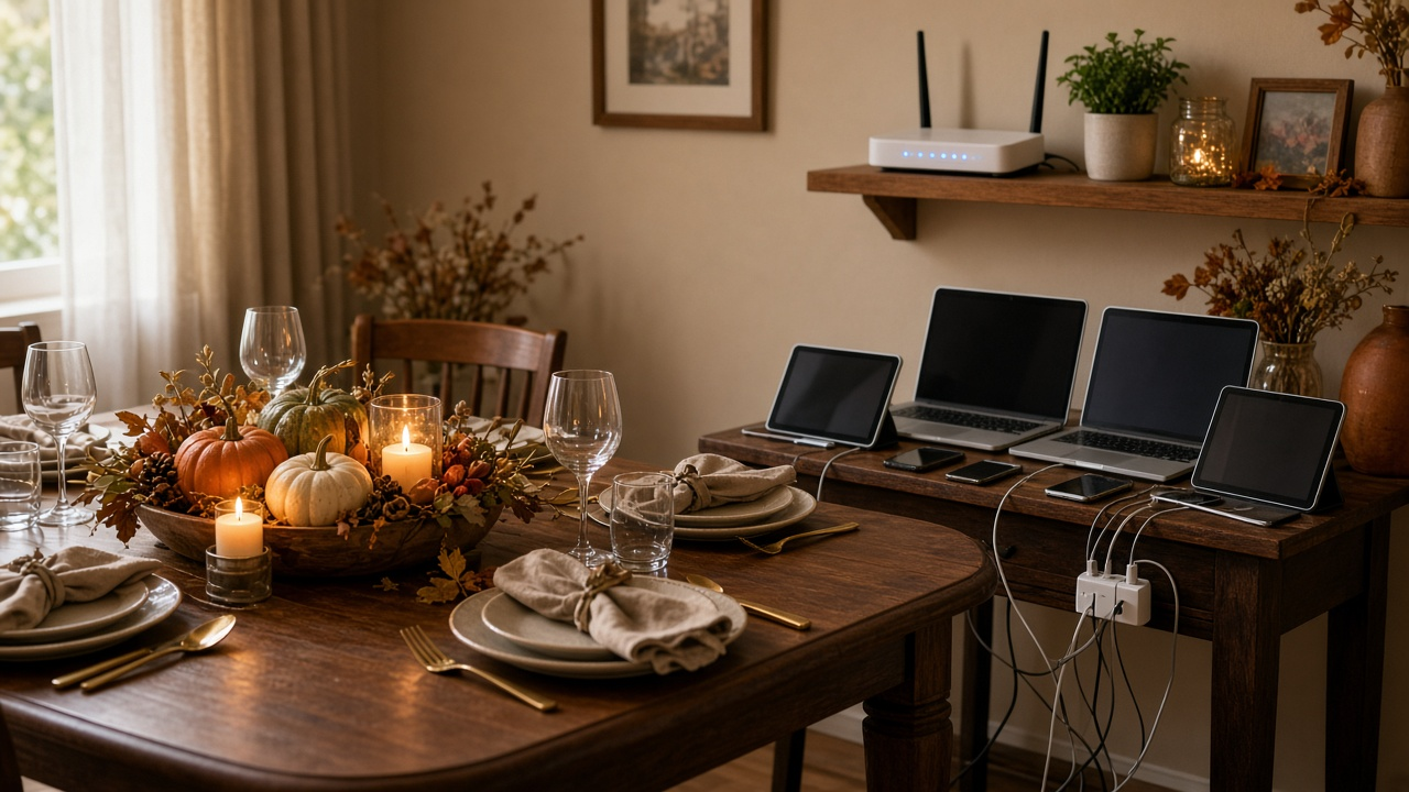 Cozy living room decorated for the holidays with a TV, laptop and Wi-Fi router