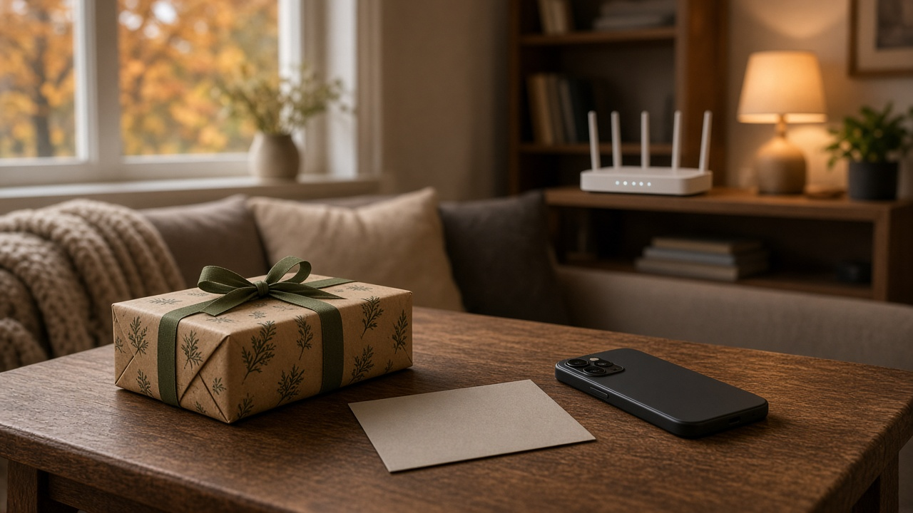 Wrapped holiday gift and a plain card envelope on a coffee table with a phone and a white Wi-Fi router on a shelf, no logos